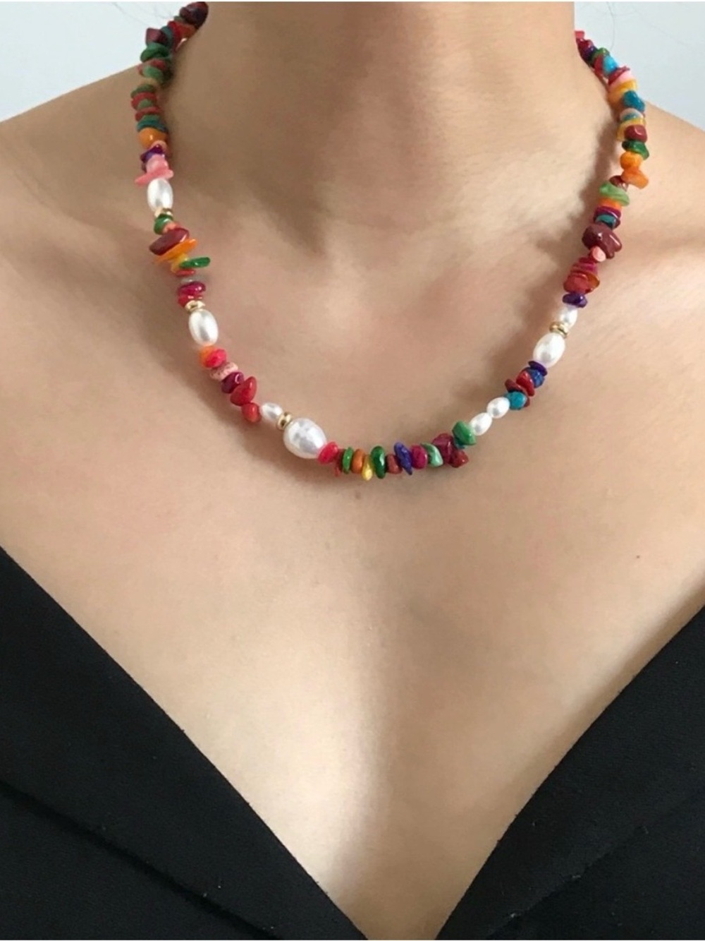 Multicolor Beaded Pearl Accent Necklace - Women Jewelry